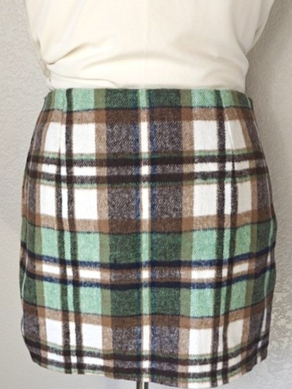 Oi Size XXL Mini Skirt Wool Blend Green Plaid Y2K Academia 90s Lined Side Zip - Picture 2 of 6